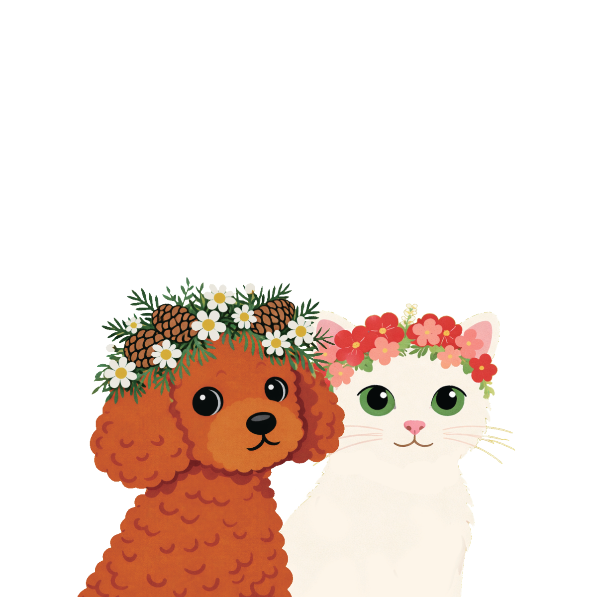 戴著花圈的紅貴賓與白貓插畫
